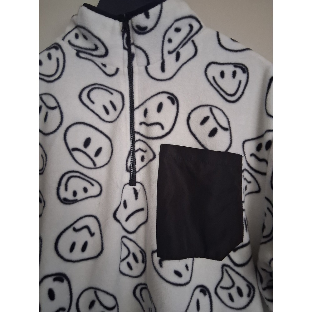 4th Dimension Smiley Face Fleece Pullover Quarter Zip White Black Mens Medium - Picture 3 of 9